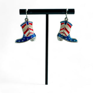 Vintage American Flag Cowboy Boot Drop Dangle Earrings in Silvertone