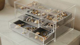 Vintage antique jewelry pieces including ornate rings and necklaces arranged in an acrylic jewelry box, photographed in natural light.