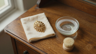 Vintage antique jewelry pieces including ornate rings and necklaces arranged on a soft cloth with gentle cleaning tools, photographed in natural light.