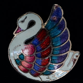 Vintage Cloisonné Swan Brooch Hand-Painted Enamel Pin