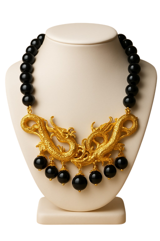 Large Ornate Goldtone Dragon Necklace with Black Beads and Statement Design