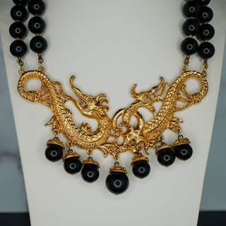 Large Ornate Goldtone Dragon Necklace with Black Beads and Statement Design