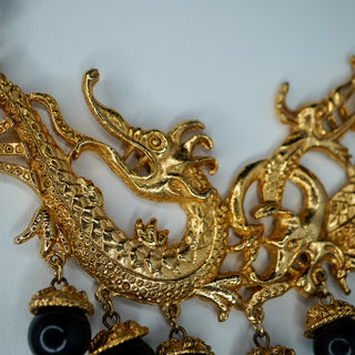 Large Ornate Goldtone Dragon Necklace with Black Beads and Statement Design