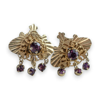 Vintage Art Deco Gold Tone Purple Rhinestone Screw Back Earrings