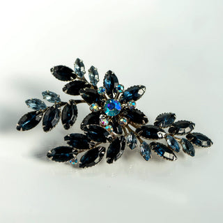 Vintage Dark Sapphire Blue Aurora Borealis Rhinestone Silvertone Brooch Pin by Reserved Grace