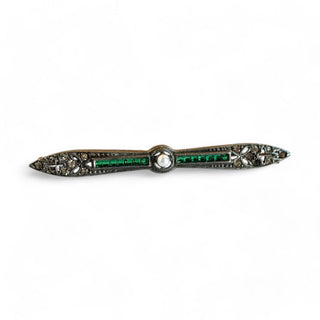 Vintage Art Deco Sterling Silver Green Glass With Faux Pearl Bar Brooch Pin