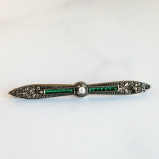 Vintage Art Deco Sterling Silver Green Glass With Faux Pearl Bar Brooch Pin