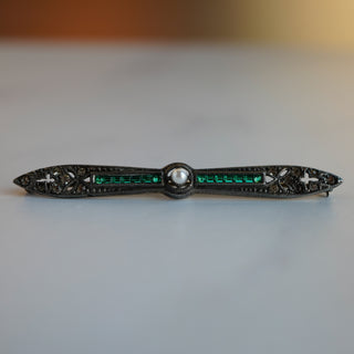 Vintage Art Deco Sterling Silver Green Glass With Faux Pearl Bar Brooch Pin