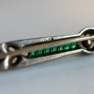 Vintage Art Deco Sterling Silver Green Glass With Faux Pearl Bar Brooch Pin