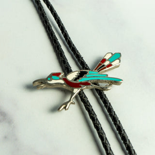 Vintage Zuni Silver Inlay Roadrunner Bolo Tie
