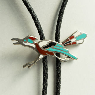 Vintage Zuni Silver Inlay Roadrunner Bolo Tie