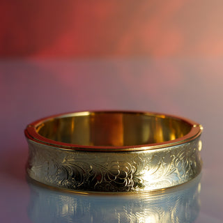 Vintage Gold-Plated Floral Engraved Bangle Bracelet – 6.5” | 16mm Wide