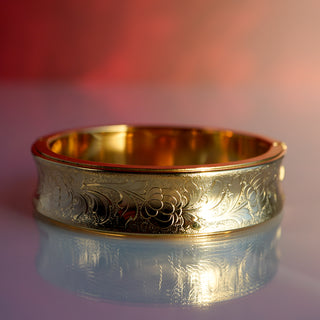 Vintage Gold-Plated Floral Engraved Bangle Bracelet – 6.5” | 16mm Wide