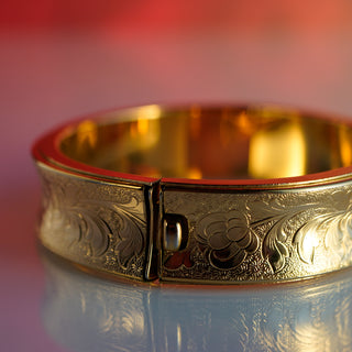 Vintage Gold-Plated Floral Engraved Bangle Bracelet – 6.5” | 16mm Wide