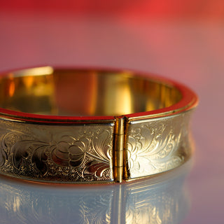 Vintage Gold-Plated Floral Engraved Bangle Bracelet – 6.5” | 16mm Wide