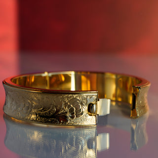Vintage Gold-Plated Floral Engraved Bangle Bracelet – 6.5” | 16mm Wide