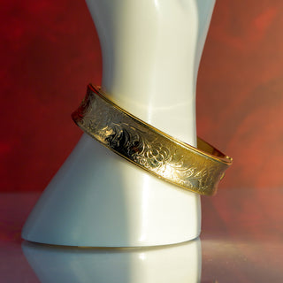 Vintage Gold-Plated Floral Engraved Bangle Bracelet – 6.5” | 16mm Wide