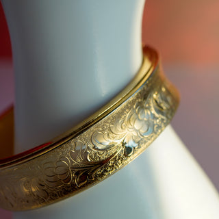 Vintage Gold-Plated Floral Engraved Bangle Bracelet – 6.5” | 16mm Wide