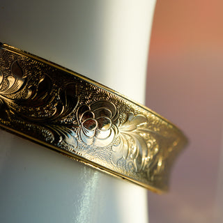 Vintage Gold-Plated Floral Engraved Bangle Bracelet – 6.5” | 16mm Wide