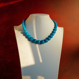 Vintage Handmade Blue Graduated Bead Necklace with Silver-Tone Clasp – 16” with Unique Organic Design