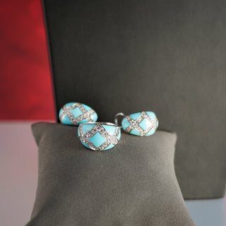 Turquoise Enamel and Pave Cubic Zirconia Sterling Silver Jewelry Set – Necklace, Earrings, and Ring