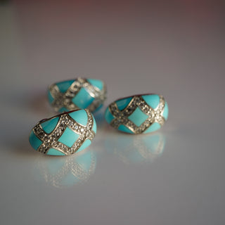 Turquoise Enamel and Pave Cubic Zirconia Sterling Silver Jewelry Set – Necklace, Earrings, and Ring