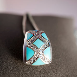 Turquoise Enamel and Pave Cubic Zirconia Sterling Silver Jewelry Set – Necklace, Earrings, and Ring