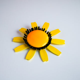 Vintage Enamel Flower Brooch – 1960s Retro Floral Pin, Bold Yellow, 3.5”