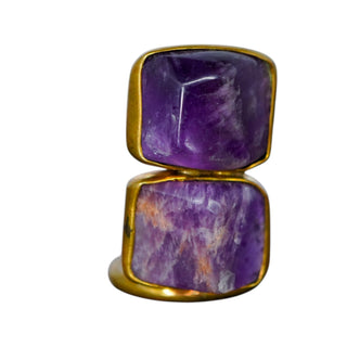 Artisan Brass Ring with Double Amethyst Stones – Size 7