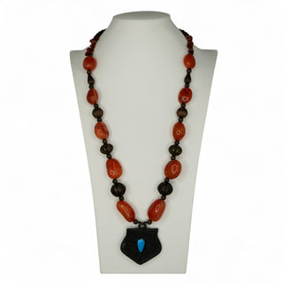 Vintage Carnelian Bead Necklace with Ornate Pendant and Enamel Accent 27 Inch