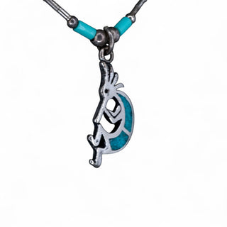 Vintage Kokopelli Pendant Necklace Sterling Silver with Turquoise Inlay 16 Inch