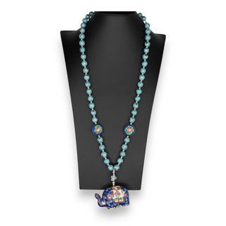 Robin's Egg Blue Cloisonné Elephant Necklace with Gold-Tone Accents and Eternity Knot