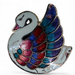 Vintage Cloisonné Swan Brooch Hand-Painted Enamel Pin