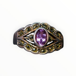 Vintage Signed 925 Silver Petite Sterling Amethyst Oval Marcasite Band Ring Size 7