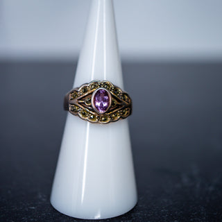 Vintage Signed 925 Silver Petite Sterling Amethyst Oval Marcasite Band Ring Size 7
