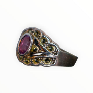 Vintage Signed 925 Silver Petite Sterling Amethyst Oval Marcasite Band Ring Size 7