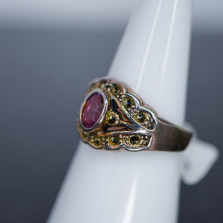 Vintage Signed 925 Silver Petite Sterling Amethyst Oval Marcasite Band Ring Size 7
