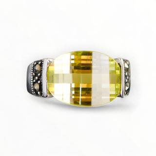 Sterling Marcasite and Chartreuse Glass Ring Size 6.75