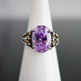 Large Faceted Oval Purple Stone Marcasite Ring Size 7