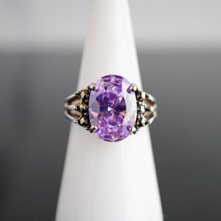 Large Faceted Oval Purple Stone Marcasite Ring Size 7
