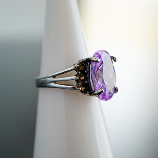 Large Faceted Oval Purple Stone Marcasite Ring Size 7