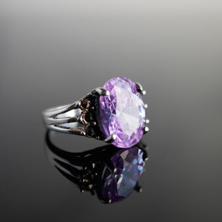 Large Faceted Oval Purple Stone Marcasite Ring Size 7