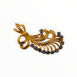 Vintage Austrian Prong Set Sparkly Blue Rhinestone Gold Tone Spray Brooch