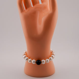 Pearl Faceted Black Glass Beads Stretch Bracelet  – Size 6”
