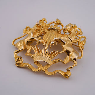 Vintage Goldtone Heraldic Lion and Unicorn Crest Brooch