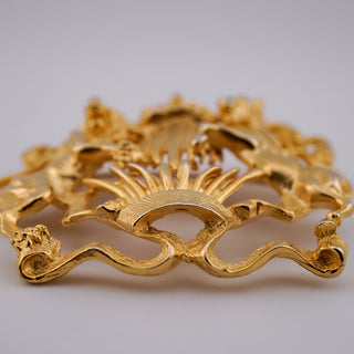 Vintage Goldtone Heraldic Lion and Unicorn Crest Brooch