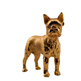 Gold dog figurine on a gray background
