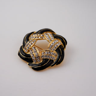 Vintage Black Enamel and Rhinestone Knot Brooch with Goldtone Finish – 1.75”