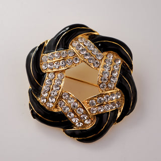 Vintage Black Enamel and Rhinestone Knot Brooch with Goldtone Finish – 1.75”