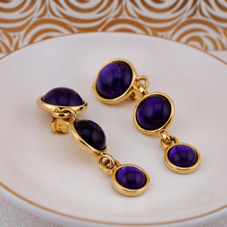 Vintage Paulo Deep Purple and Gold-Tone Dangle Clip-on Earrings